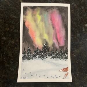 Handmade watercolor original painting northern lights 5.5x8